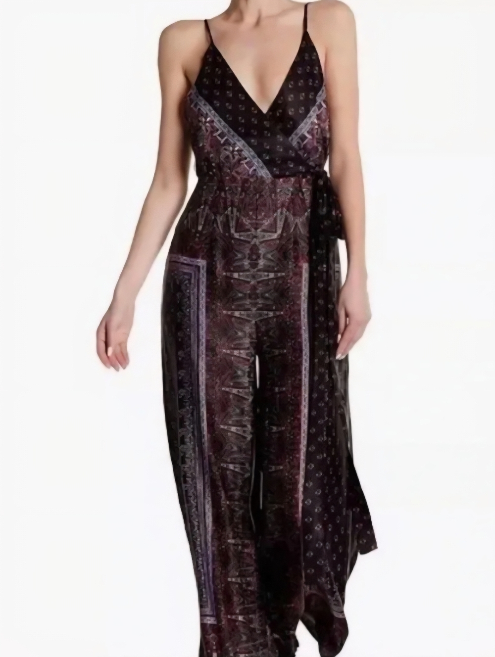 Free People Cabbage Rose Satin  Paisley Surplice Backless Wide Leg Jumpsuit sz 2